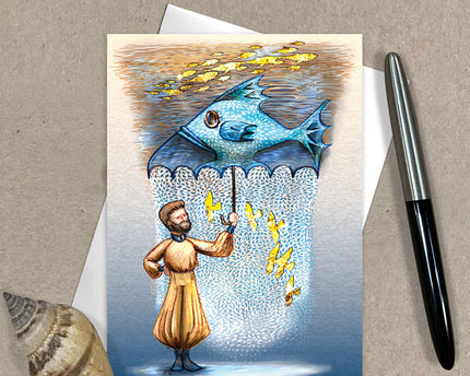 Greeting card with illustration of a man and fish on a textured surface with a pen.