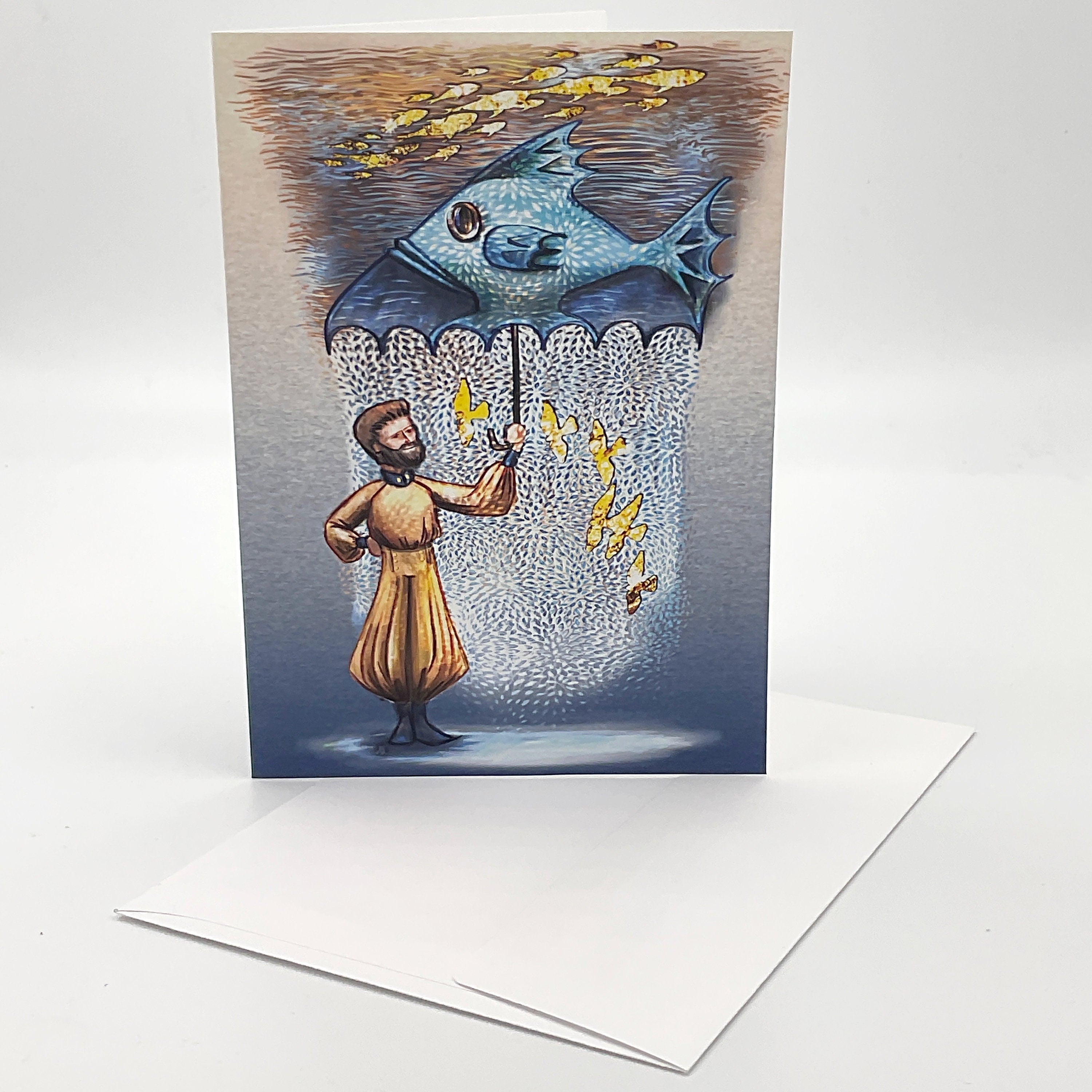 Greeting card with a fish umbrella, person, and birds on a white background