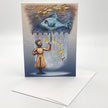 Greeting card with a fish umbrella, person, and birds on a white background