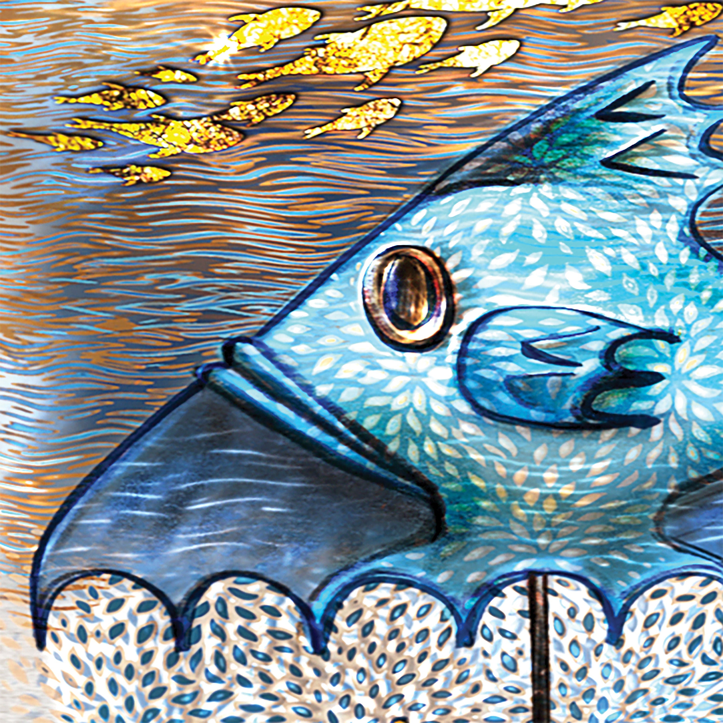 Close-up of a stylized fish illustration with abstract patterns in blue, black, and gold.