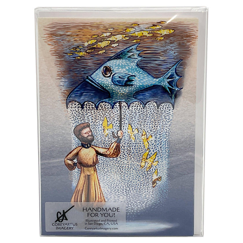 Illustrated card with a person and fish umbrella  design, packaged in a clear box.