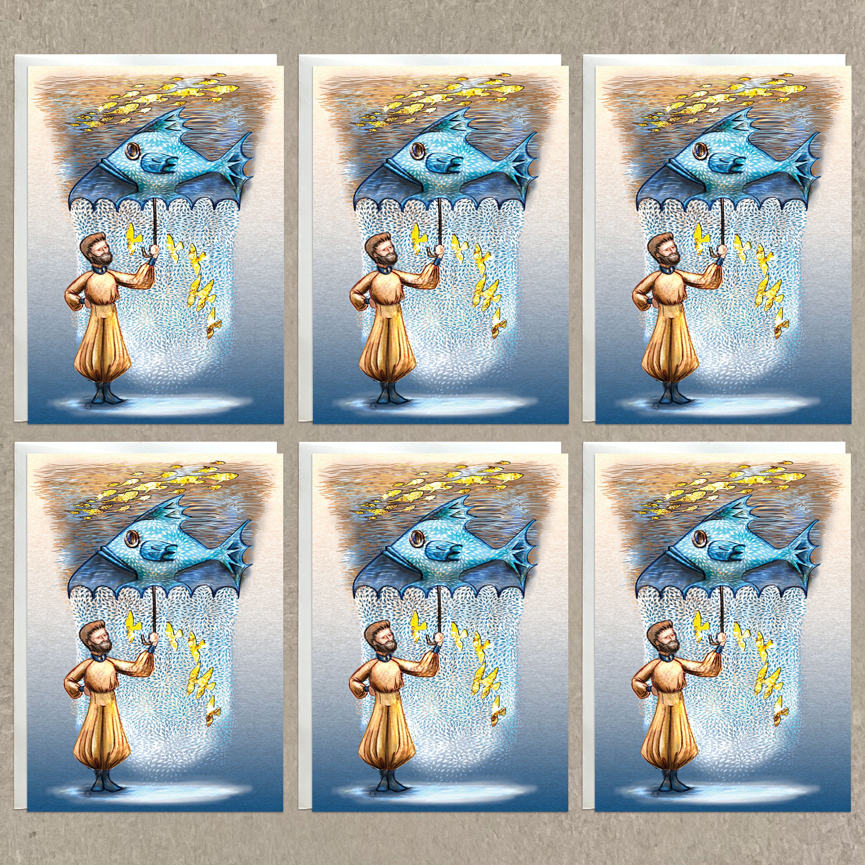 Set of six cards featuring a man with a fish umbrella under a golden sky with flying fish.