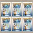 Set of six cards featuring a man with a fish umbrella under a golden sky with flying fish.