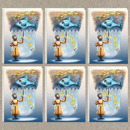 Set of six cards featuring a man with a fish umbrella under a golden sky with flying fish.