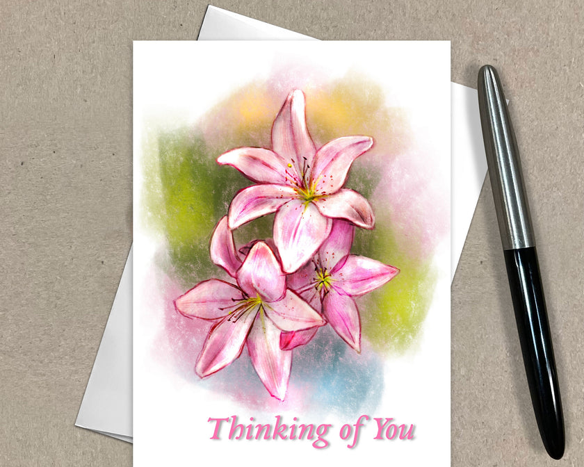 Greeting card with pink flowers and 'Thinking of You' text on a beige background