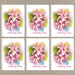 Set of six 'Thinking of You' cards with pink floral designs on a textured beige background.