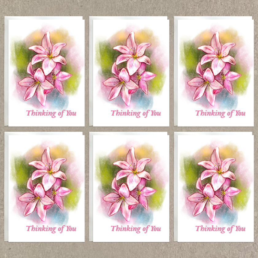 Set of six 'Thinking of You' cards with pink floral designs on a textured beige background.