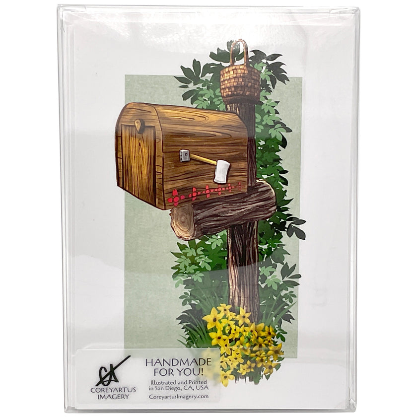 Wooden mailbox illustration on a card with greenery and flowers, featuring Corey Artus Imagery branding.