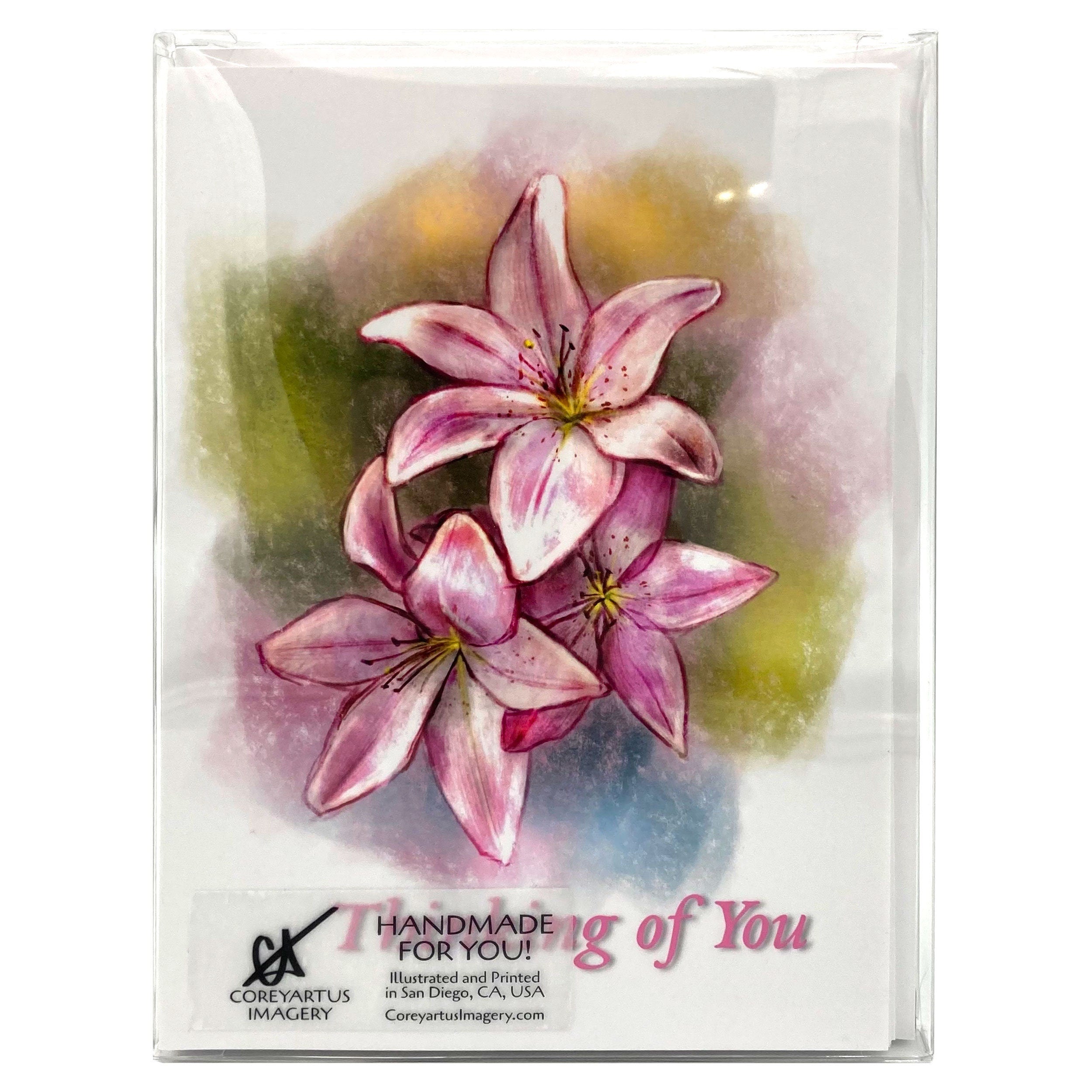 Card with pink flowers and 'Thinking of You' text, featuring Corey Arthur's Imagery branding.