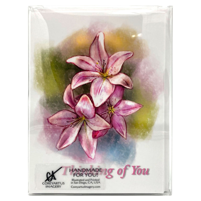 Card with pink flowers and 'Thinking of You' text, featuring Corey Arthur's Imagery branding.