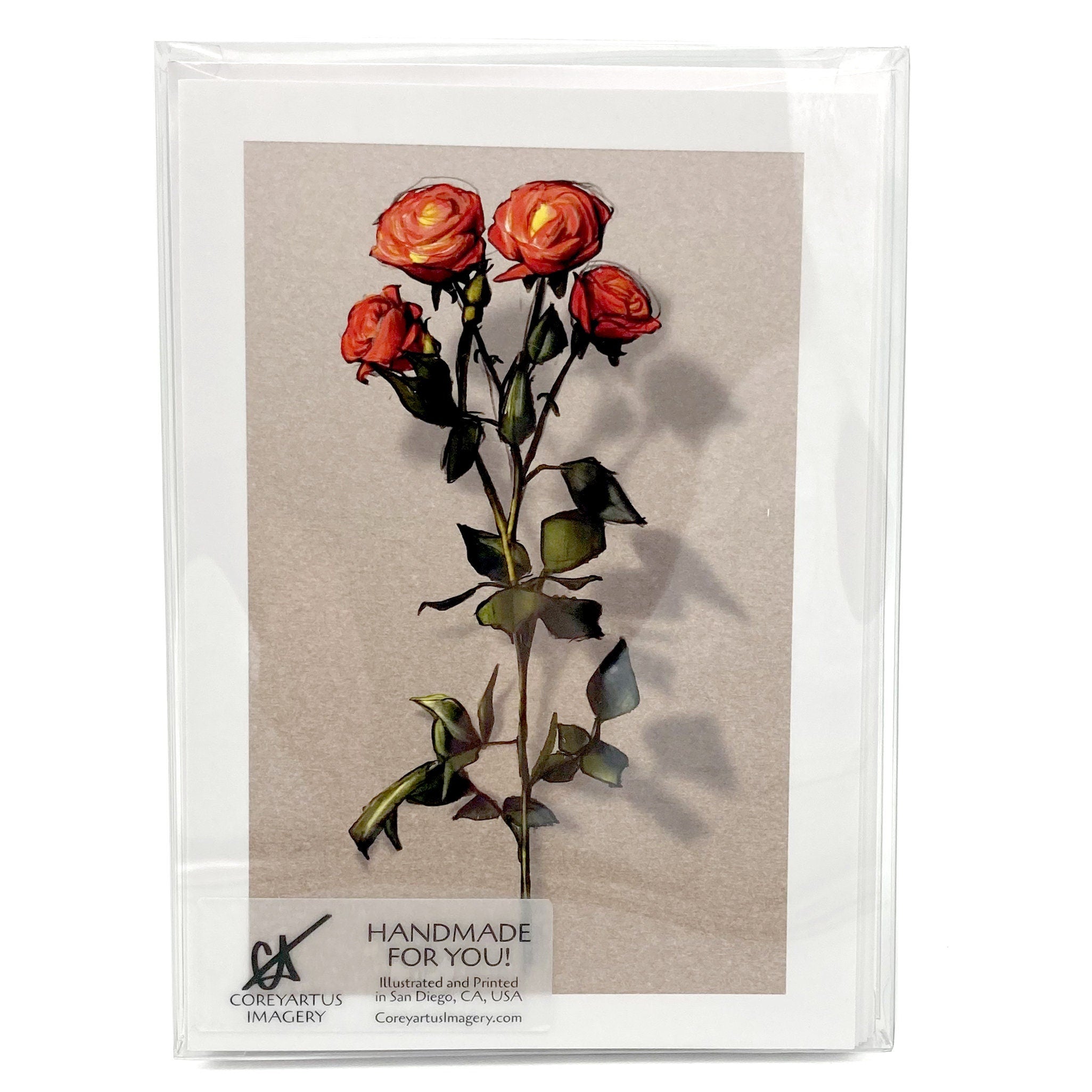 Set of greeting cards with an artistic depiction of red roses on a beige background within a clear plastic package.