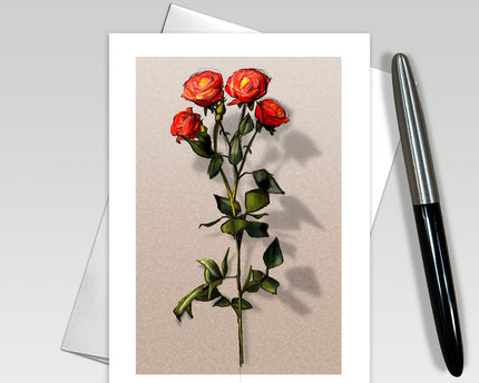 Greeting card with red roses on a beige background, next to a pen.