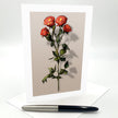 Greeting card with red roses on a beige background, accompanied by a pen.