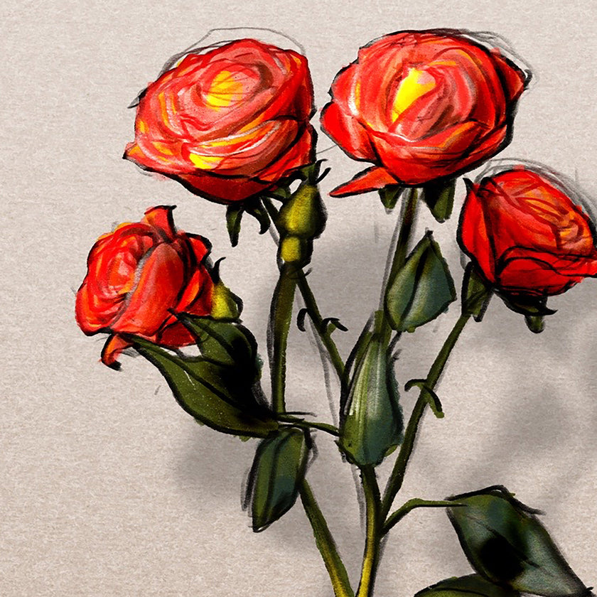 Illustration of red roses with green stems on a textured beige background