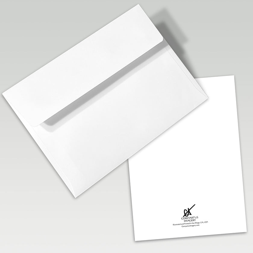 White envelope and card with a visible brand logo on a gray background