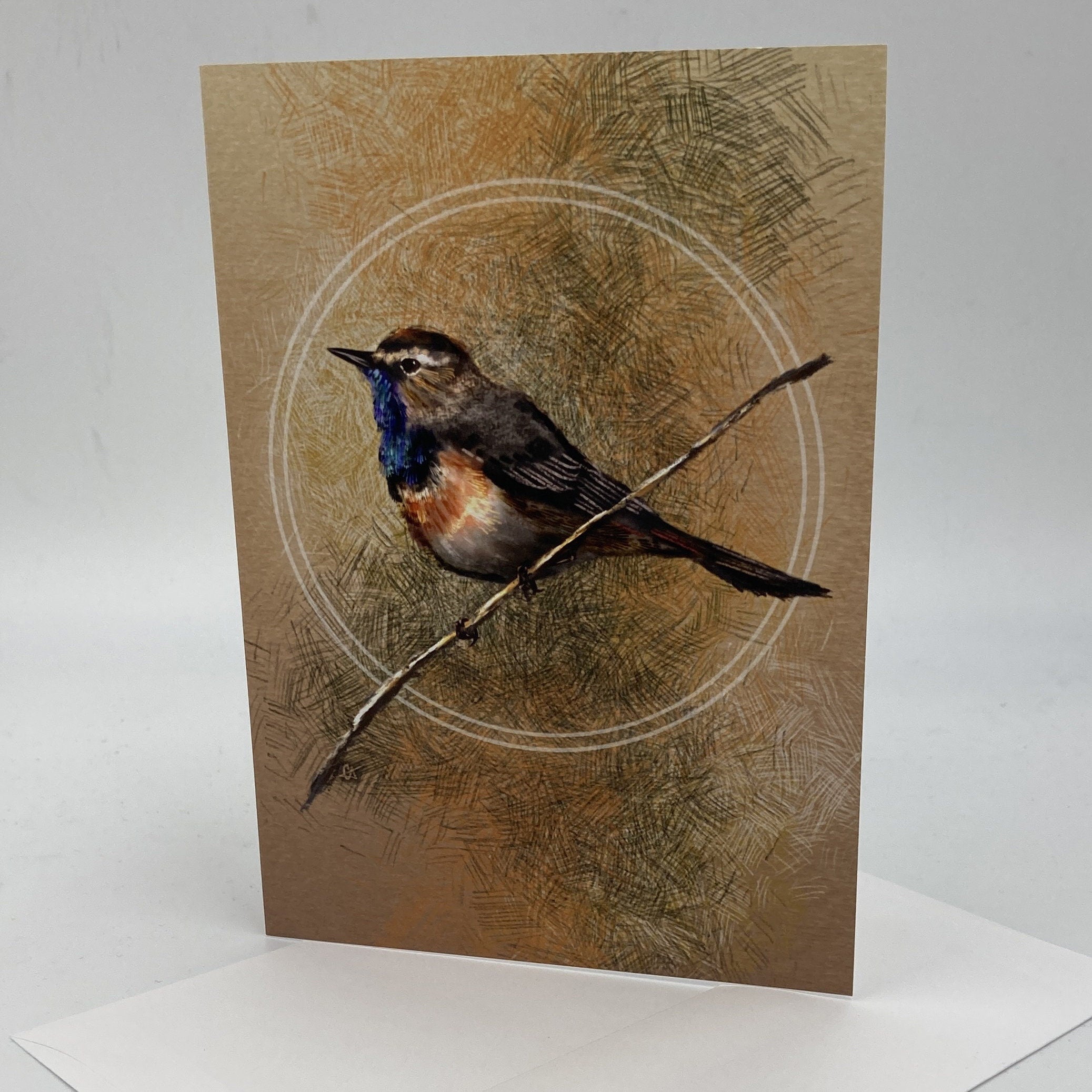 Card with a bird illustration on a textured brown background