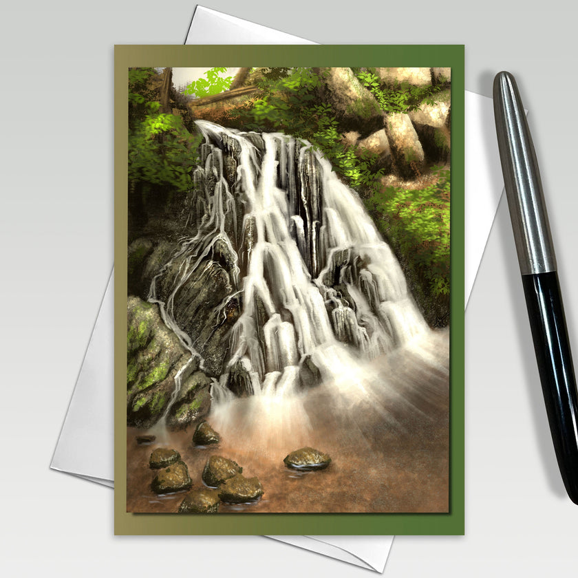 Greeting card with a waterfall design on a white background