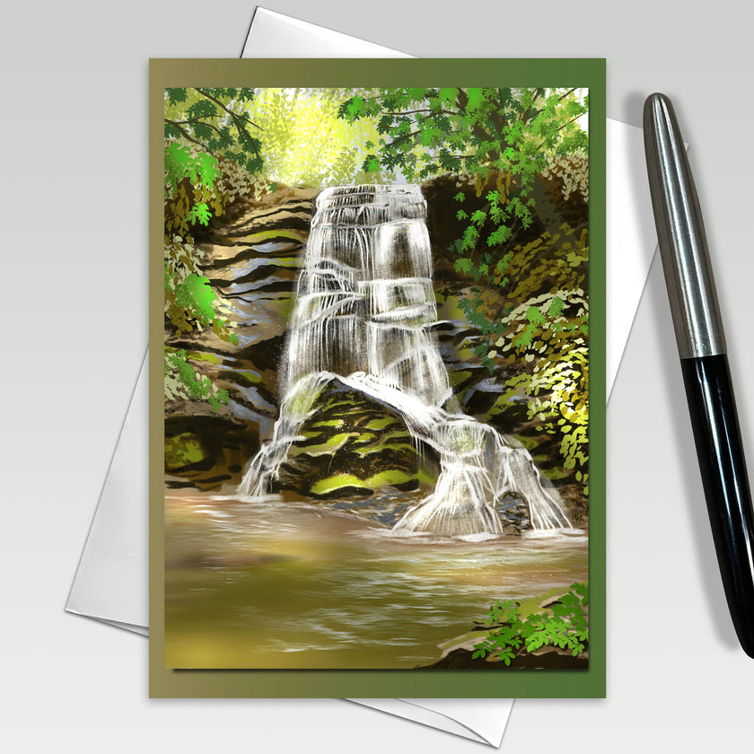 Greeting card with a waterfall design on a white background