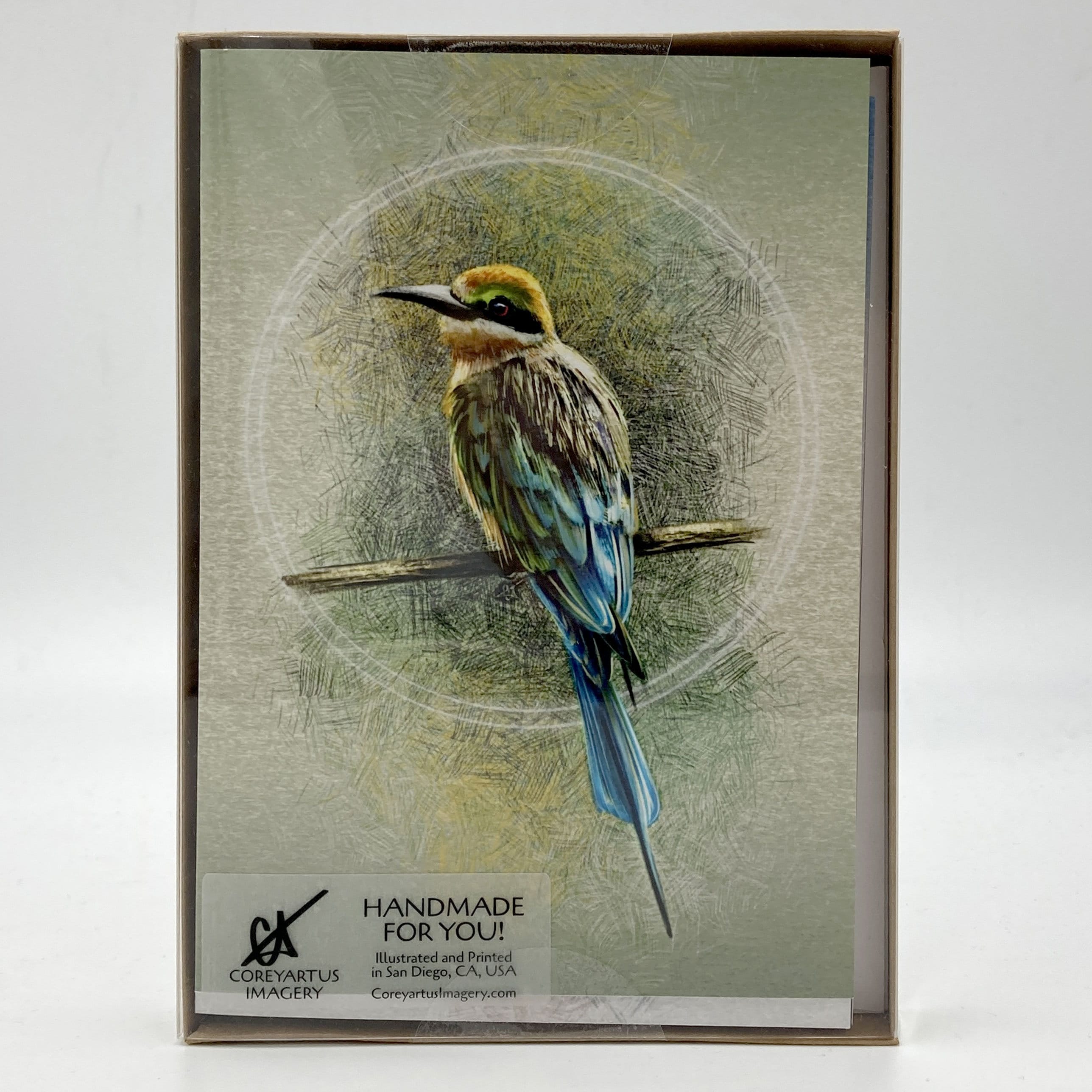 Product photograph of a box of greeting cards in packaging with a clear plastic sleeve, set against a white background.