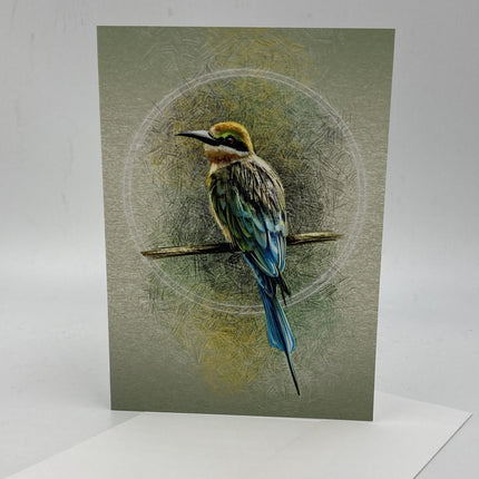 Card with a colorful bird illustration on a textured green background