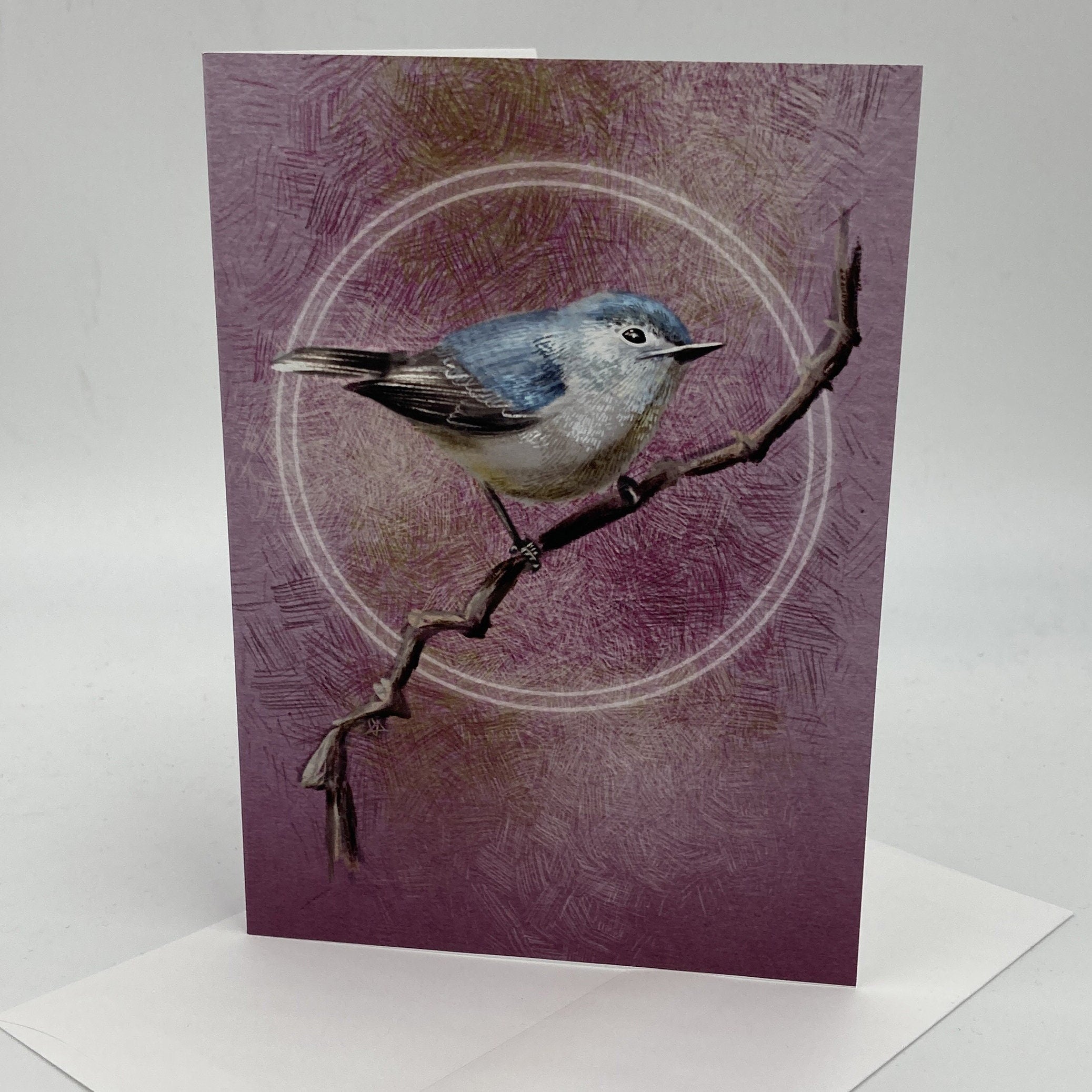 Greeting card with a bird illustration on a purple background