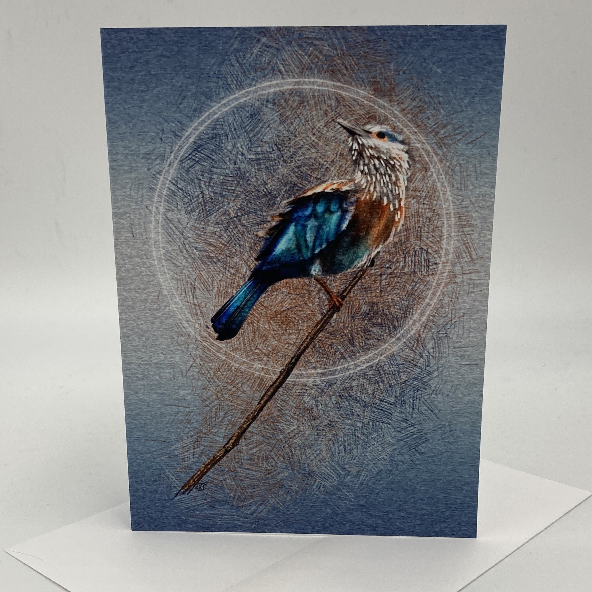 Greeting card with a bird illustration on a blue background