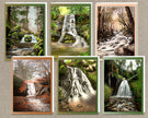 Set of six framed artworks depicting various waterfalls and forest scenes.
