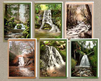 Set of six framed artworks depicting various waterfalls and forest scenes.