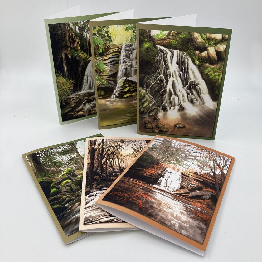 Set of nature-themed greeting cards with waterfalls on a white background