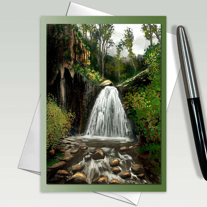 Greeting card with a waterfall design on a white background