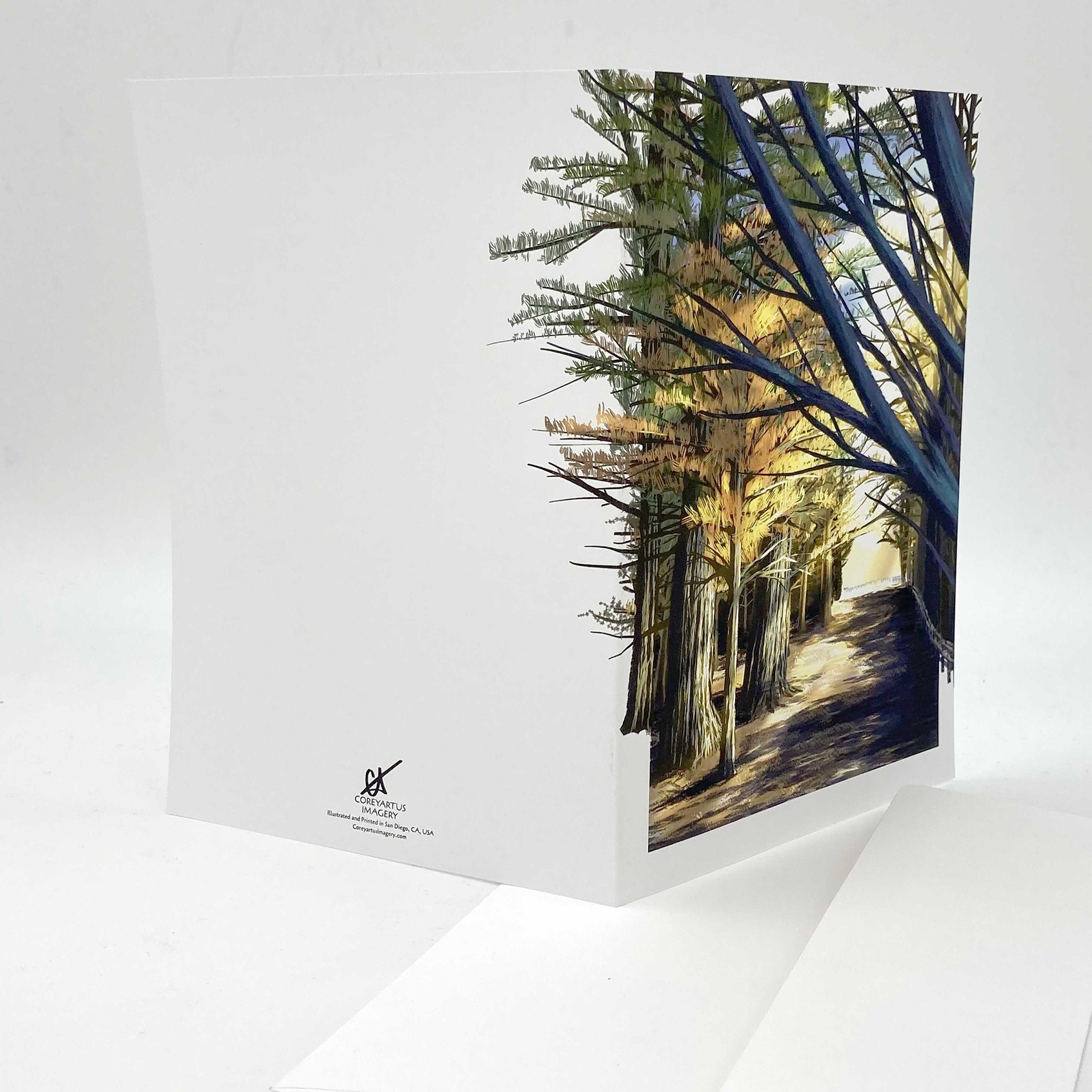 Splayed-open greeting card featuring artwork of a forest scene on a white background