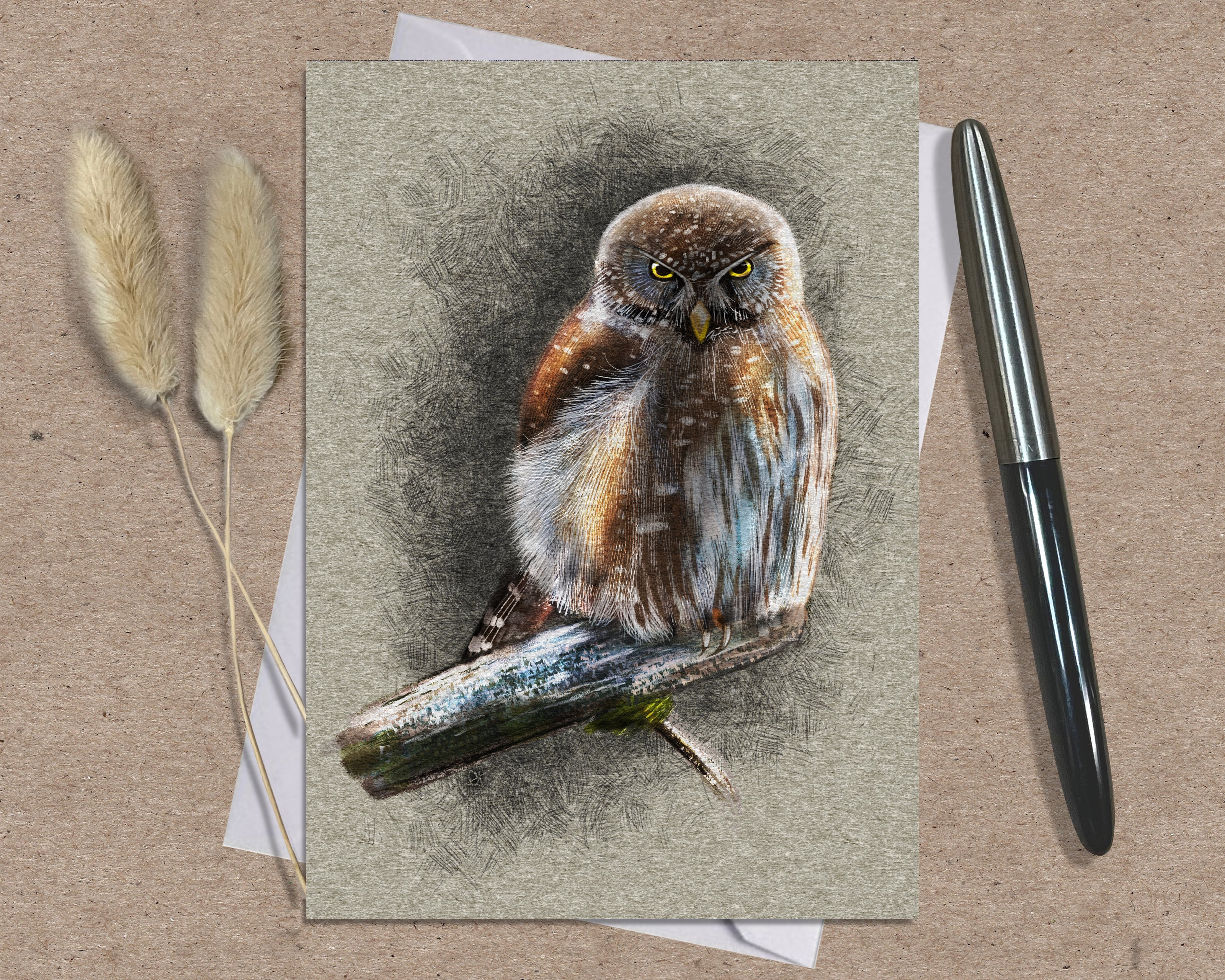 Greeting card with an owl illustration on a textured surface with a pen and dried plants.