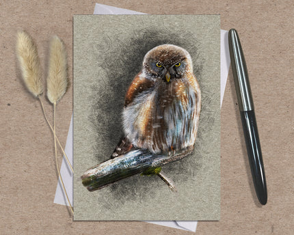 Greeting card with an owl illustration on a textured surface with a pen and dried plants.