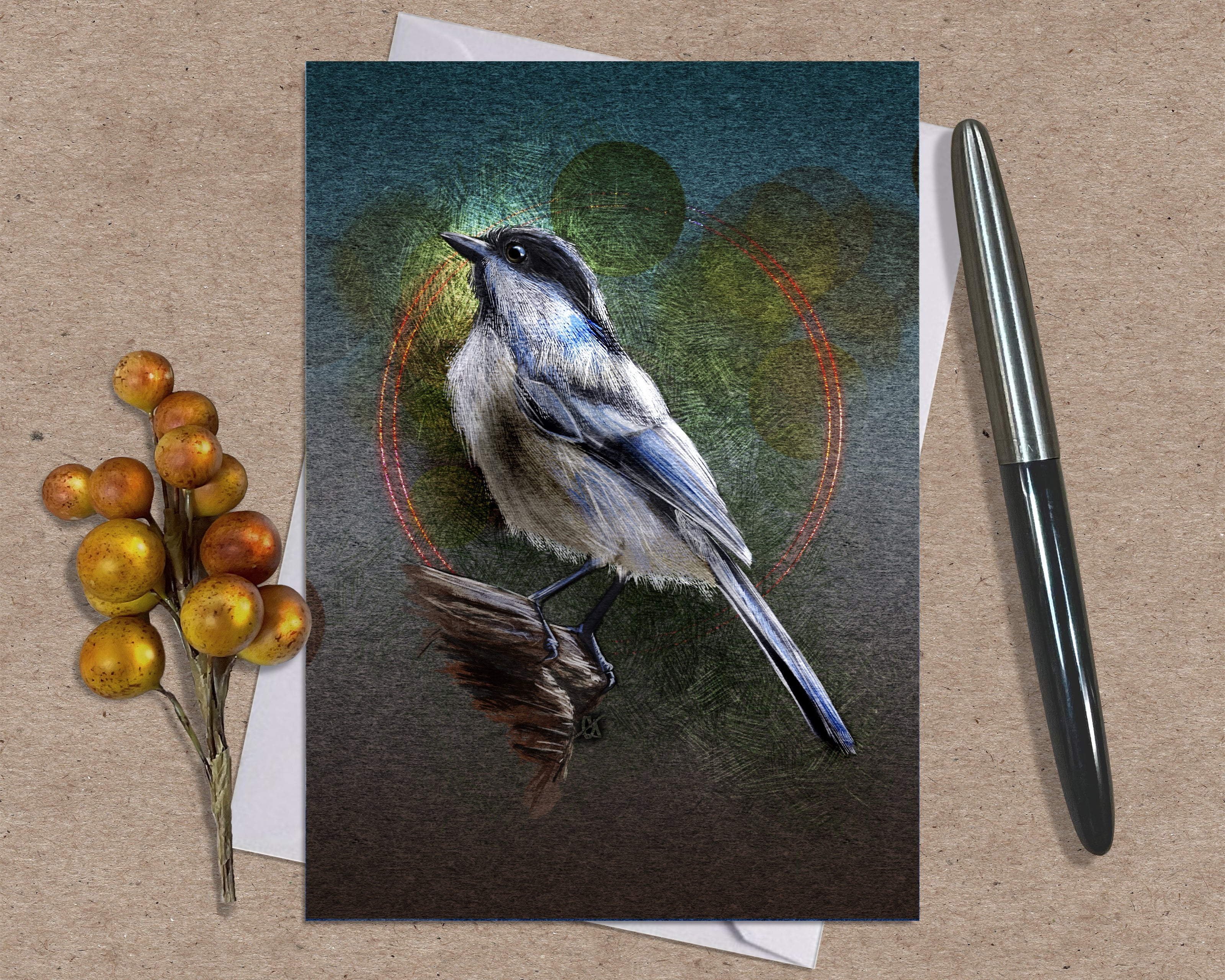 Greeting card with a bird illustration on a textured surface with a pen and decorative elements.
