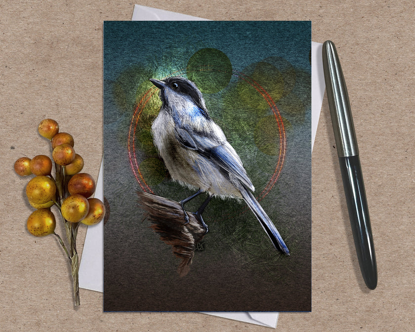 Greeting card with a bird illustration on a textured surface with a pen and decorative elements.