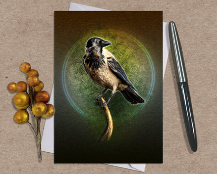 Greeting card with a bird illustration on a brown surface with a pen and berries.