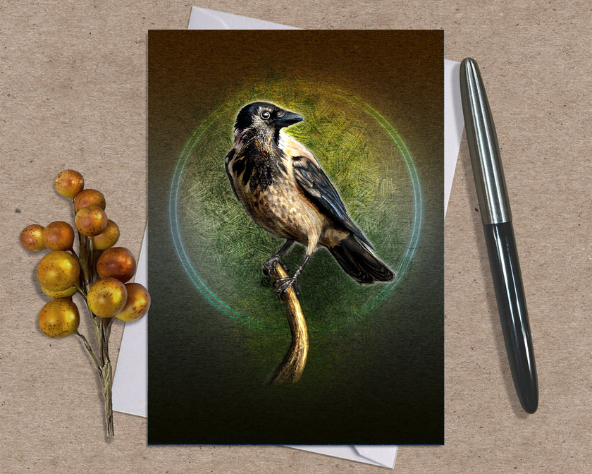 Greeting card with a bird illustration on a brown surface with a pen and berries.