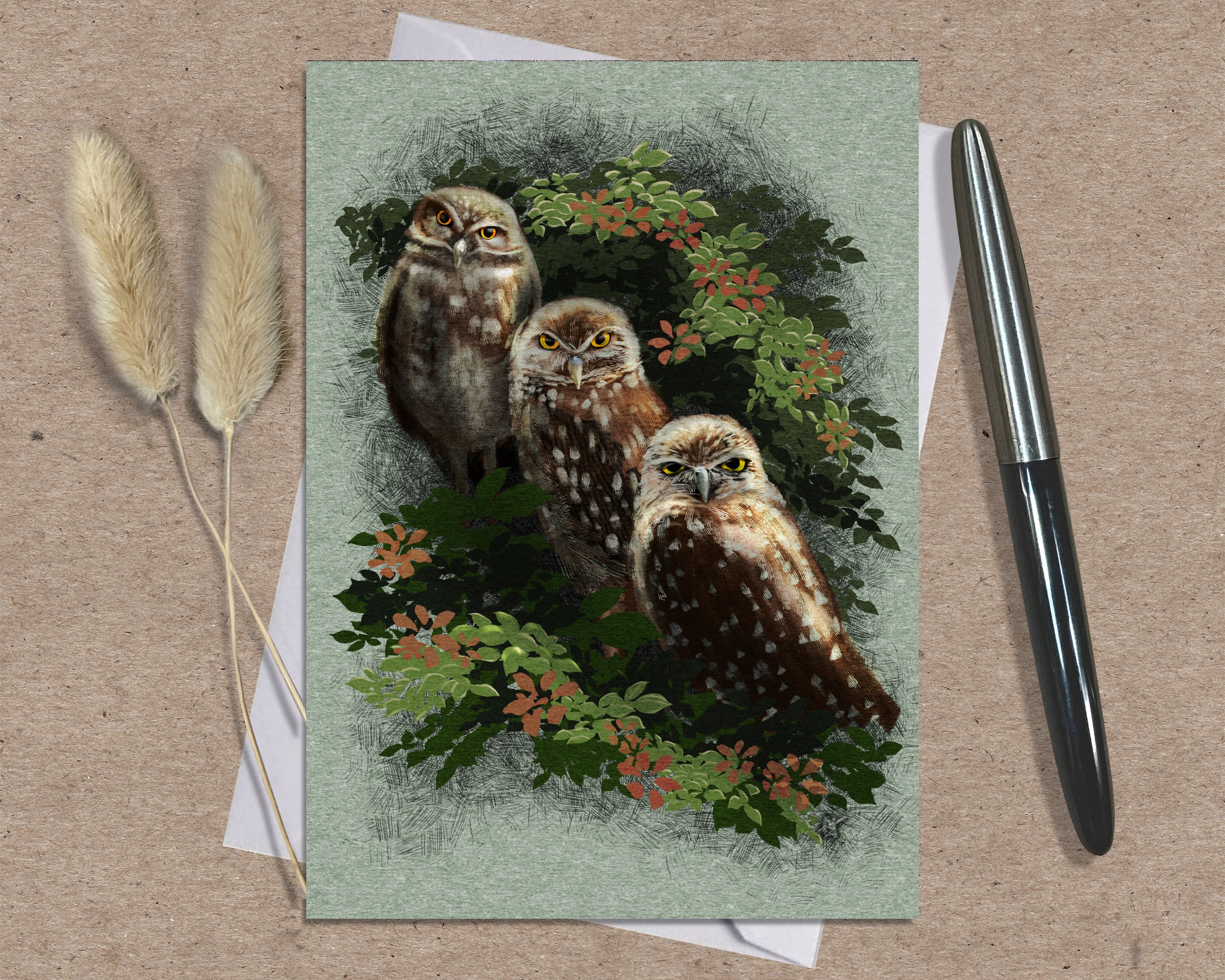 Greeting card with owls design on a textured surface with a pen and dried plants.