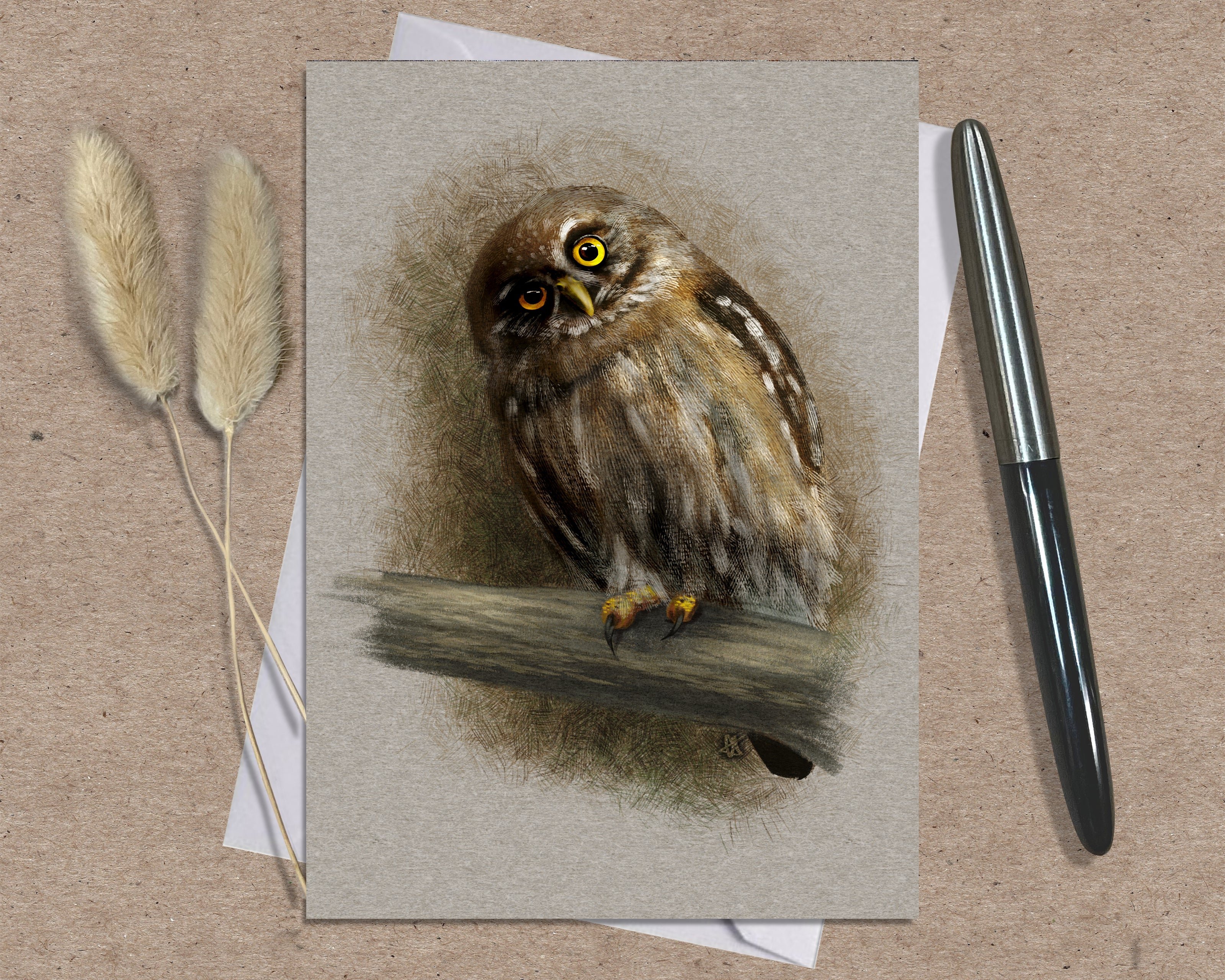 Greeting card with an owl illustration on a textured surface with a pen and dried plants.