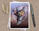 Product photo of a Pacific Wren on a greeting card with display props.