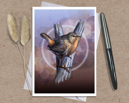 Product photo of a Pacific Wren on a greeting card with display props.