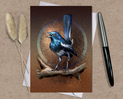 Greeting card with a blue bird illustration on a brown background