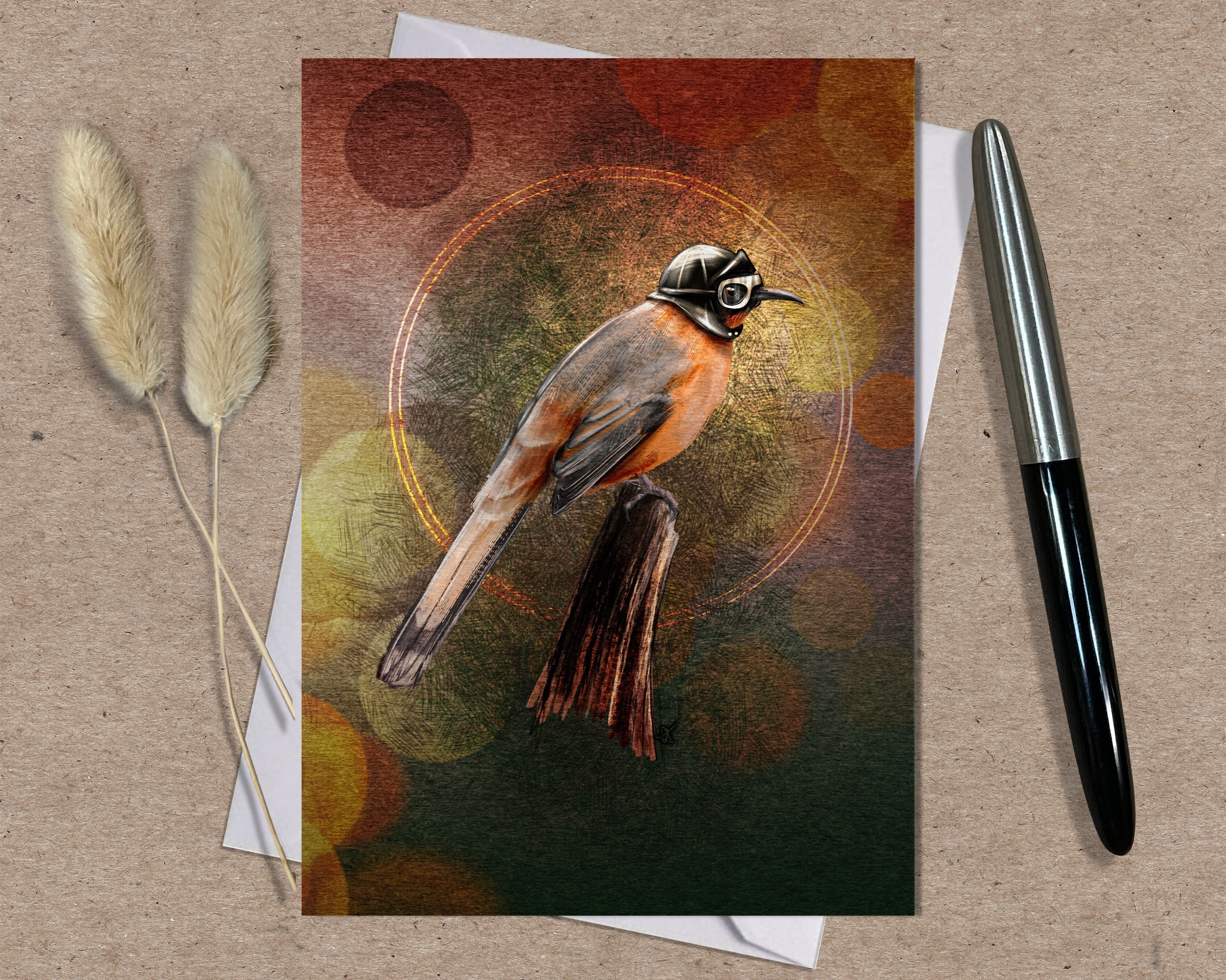 Greeting card with a bird illustration on a textured surface with a pen and dried plants.