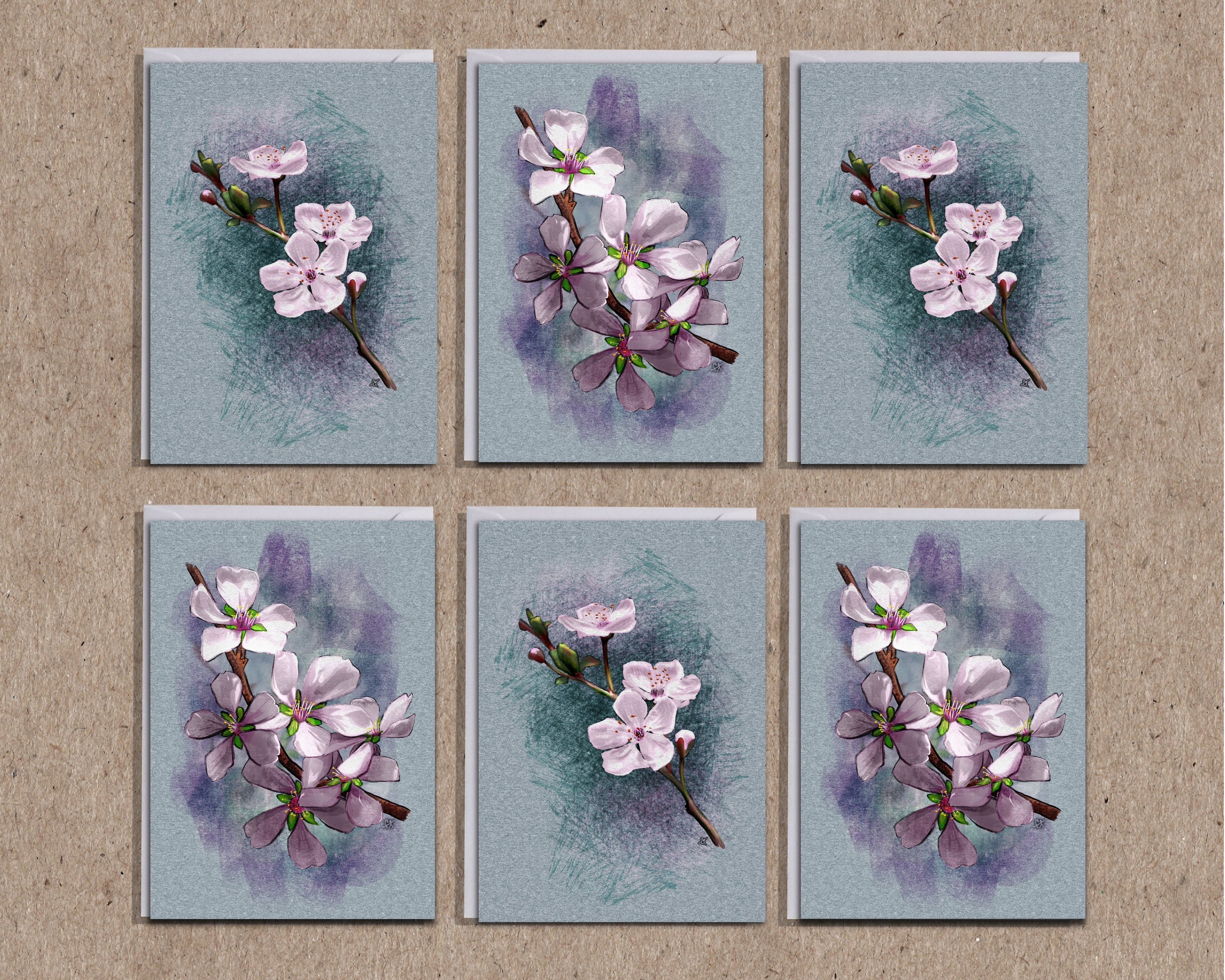 Set of six cards with floral designs on a textured beige background