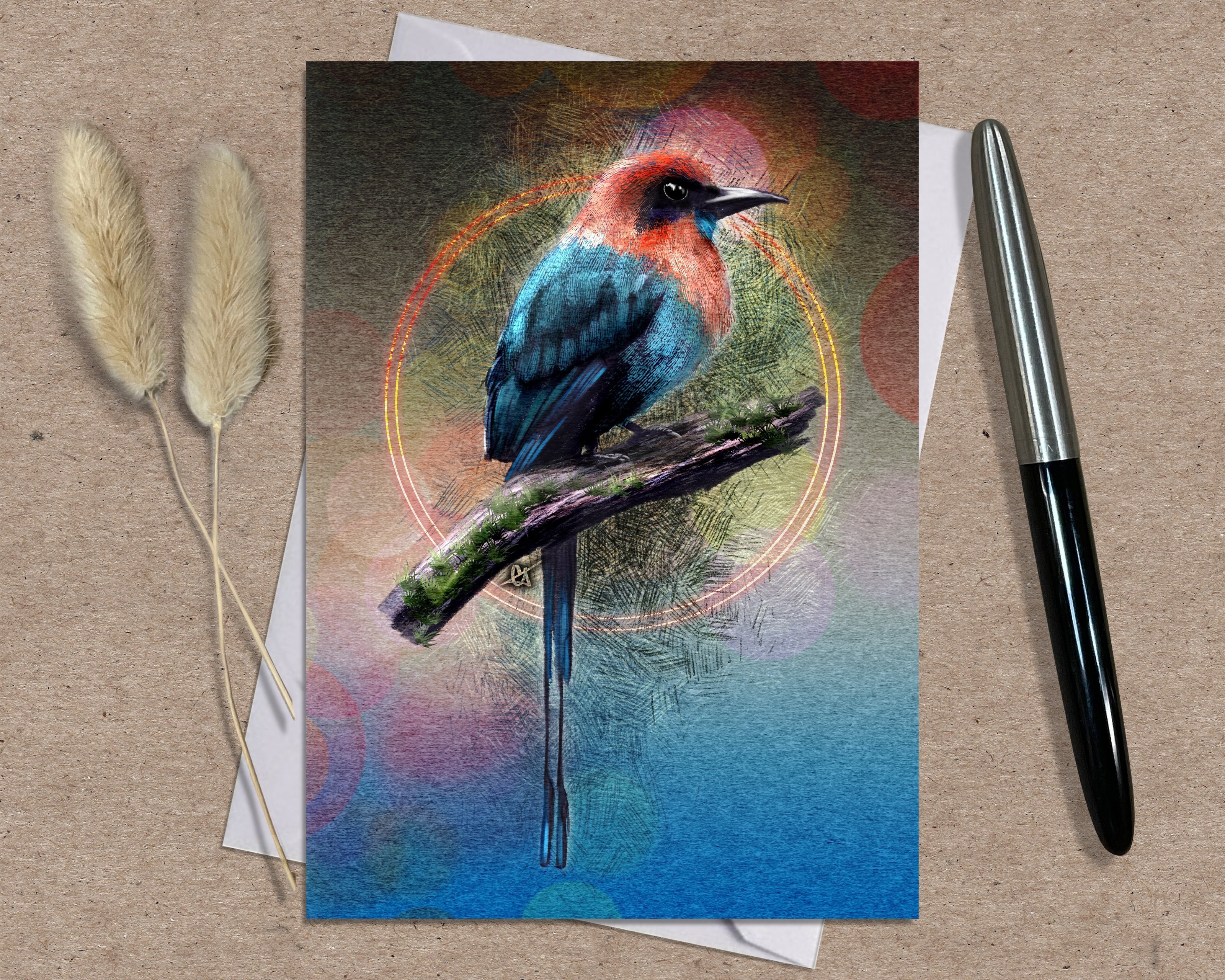 Greeting card with a colorful bird illustration on a textured surface with a pen and dried plants.