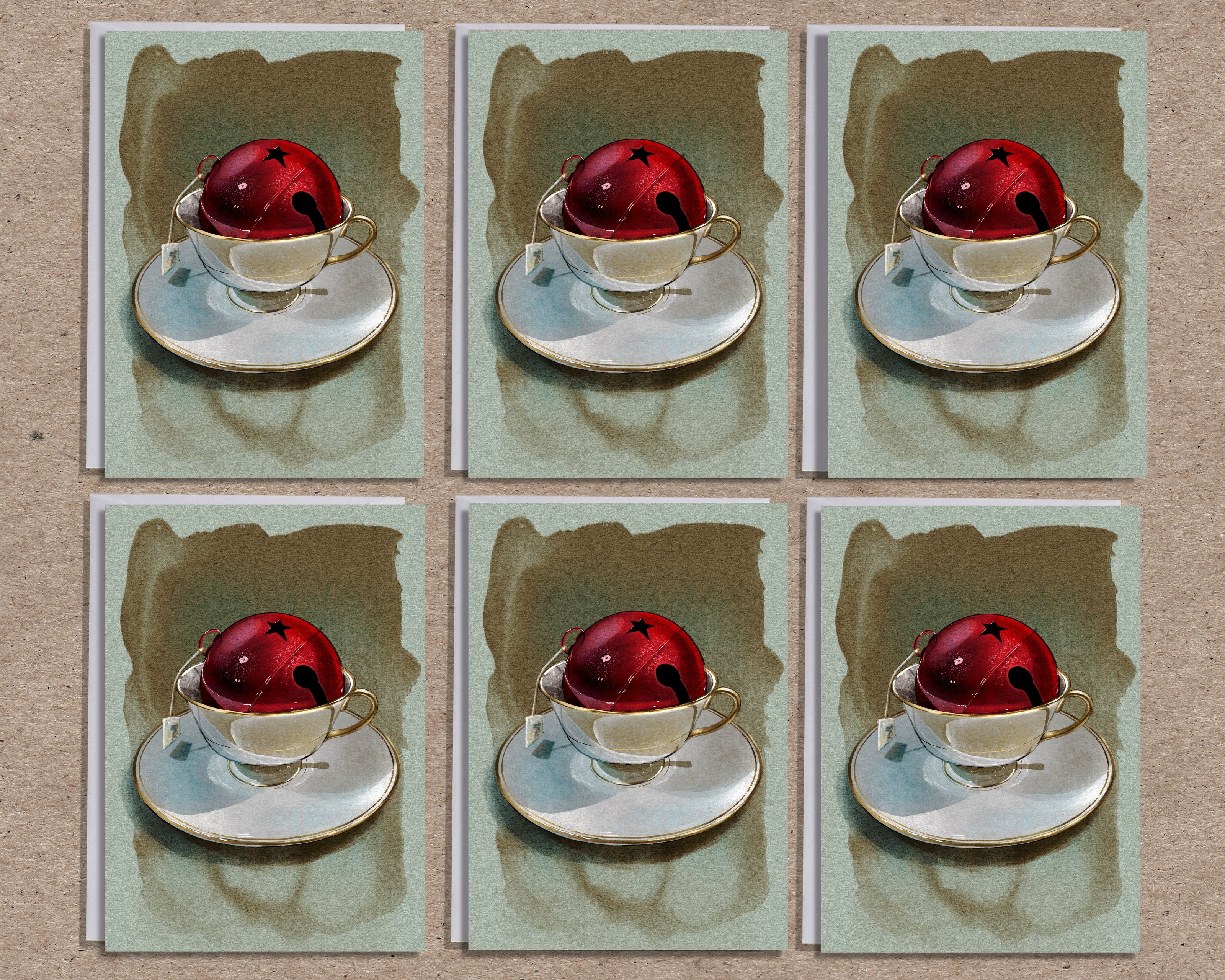 Six identical images of a red jingle bell in a white saucer with a green background.