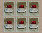 Six identical images of a red jingle bell in a white saucer with a green background.