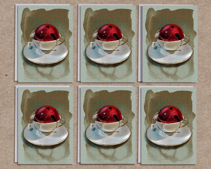 Six identical images of a red jingle bell in a white saucer with a green background.