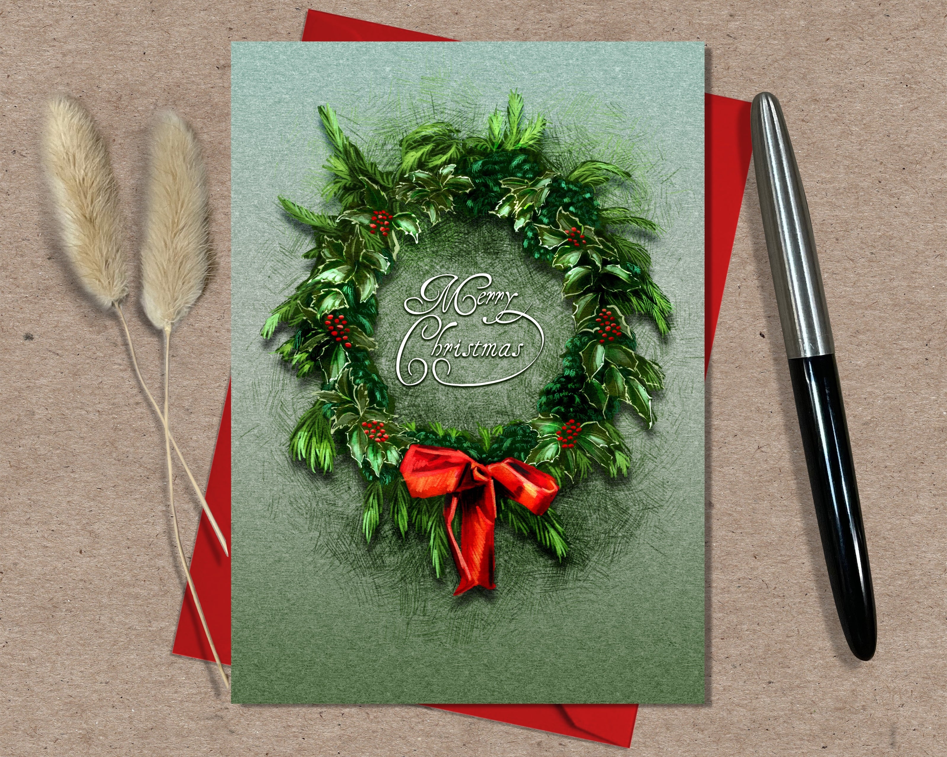 Christmas card with green wreath and red bow on a beige background