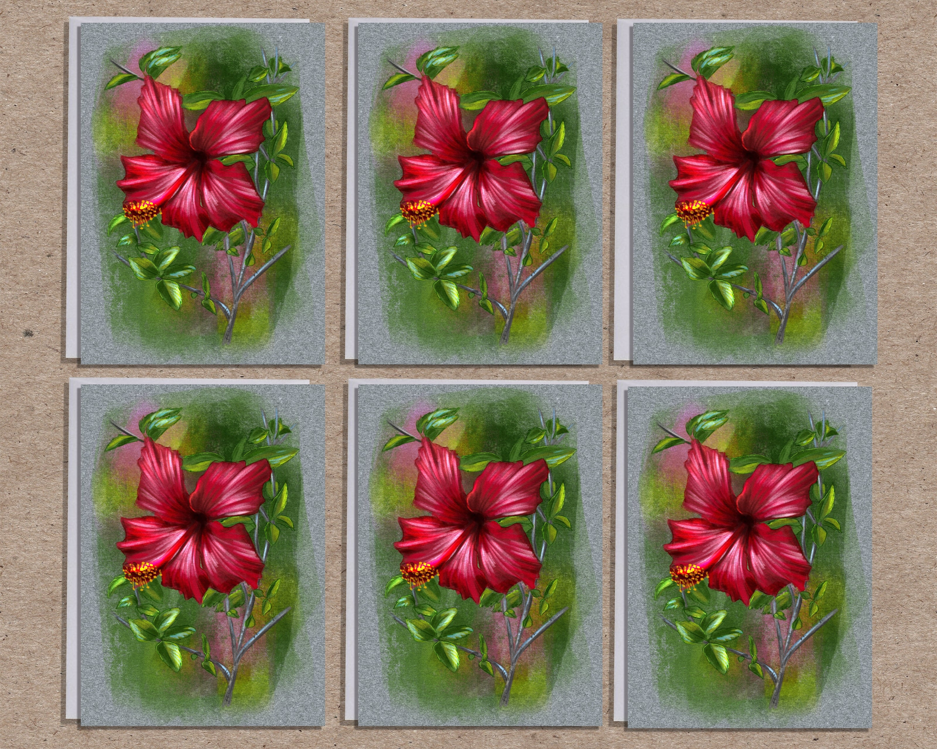 Six identical cards with a red flower design on a textured beige background